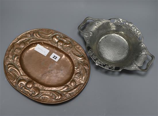 A Liberty Tudric pewter dish no.0287, and an Arts and Crafts oval copper dish length 33cm